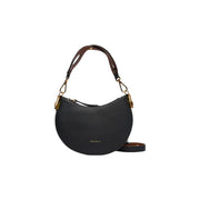 Coccinelle Damen-Ledertasche, grau, halbmondförmig, aus schwarzem genarbtem Leder mit braunem Futter und goldfarbenen Beschlägen