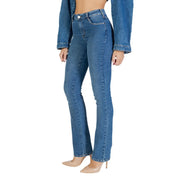 Colcci Damen-Jeans aus blauem Baumwoll-Denim mit hohem Bund, ausgestelltem Bein, schmaler Passform, klassischem Fünf-Taschen-Design und dezenter Waschung