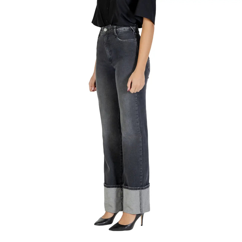 Colcci Damen-Jeans aus Baumwolle, schwarz, Stretch, hochgeschnitten, dunkelgraue Denimhose, weites Bein mit umgeschlagenen Säumen