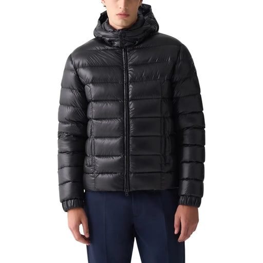 Black down jacket with hood and quilted design, moncler brand.