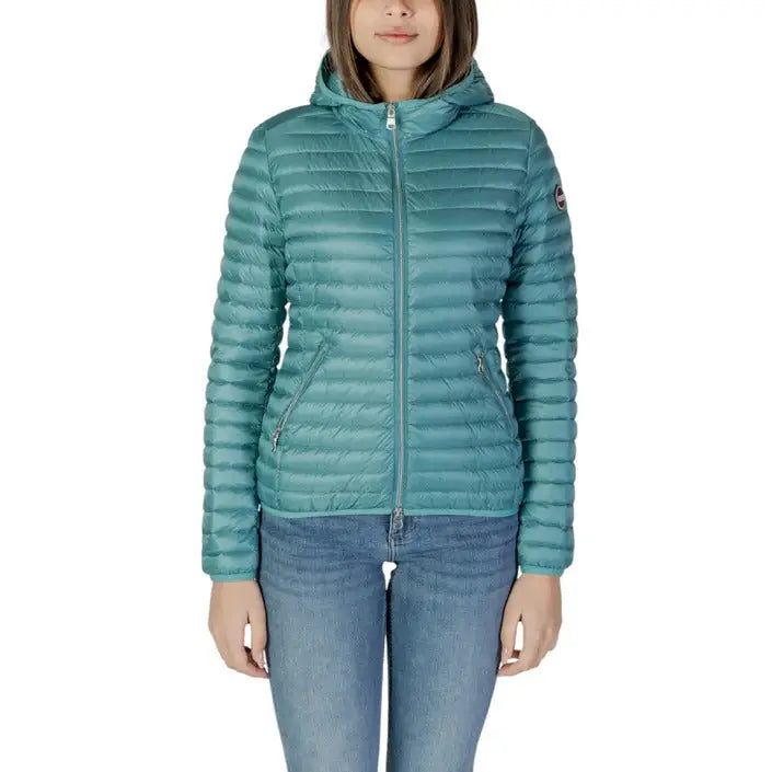 Teal hooded puffer jacket showcased with Colmar Originals Women’s Grey Turtleneck Jacket