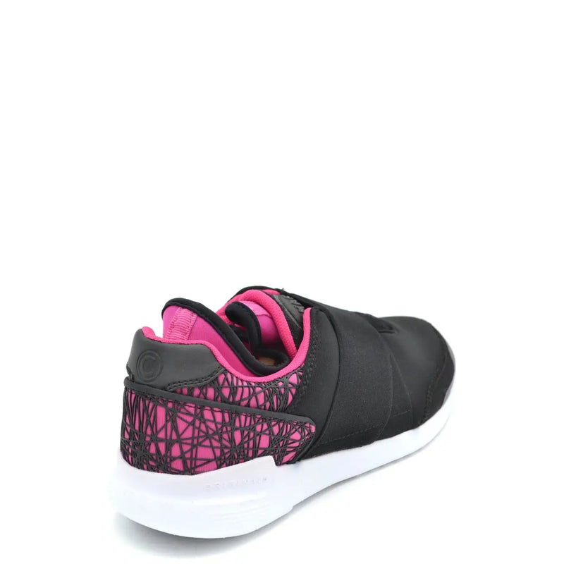 Rückansicht von Colmar Damen-Sneakers aus Nylon, schwarz mit pinkfarbenen Akzenten, geometrischem Mesh-Fersenbereich, Klettverschlüssen und weißer Sohle