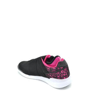 Colmar Damen-Sneaker aus Nylon, schwarz mit pinkfarbenem geometrischem Muster an der Ferse und weißer Gummisohle (Ansicht von hinten)