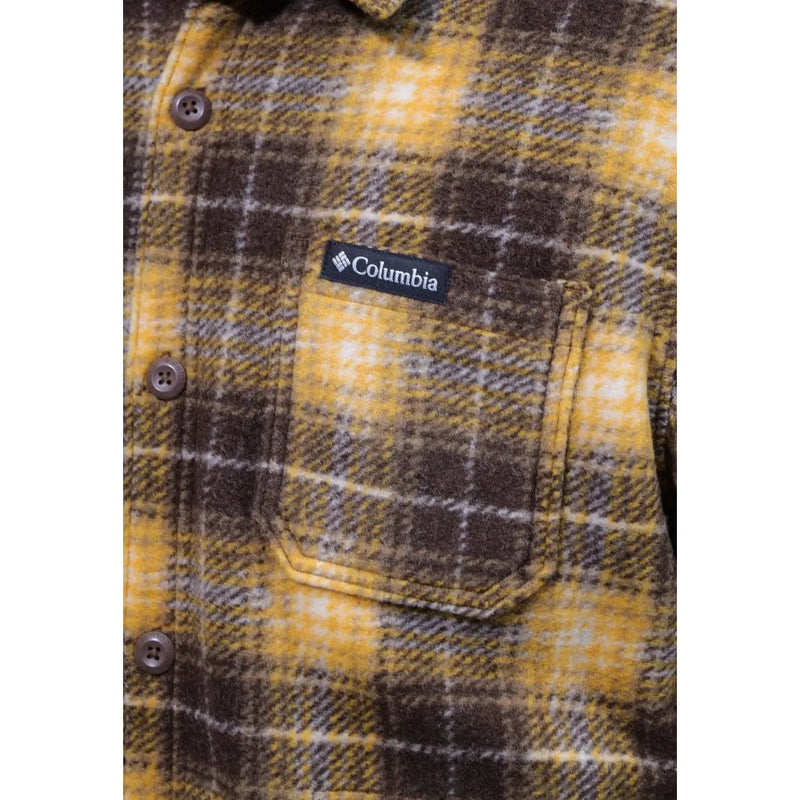 Columbia Braune Herrenhemdjacke aus Polyester mit gelb-braun kariertem Flanellmuster und schwarzem Markenaufnäher auf der Brusttasche