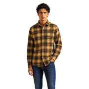 Columbia Herrenhemdjacke aus braunem Polyester, langärmelig, gelb-braun kariert, mit Knopfleiste und Brusttasche