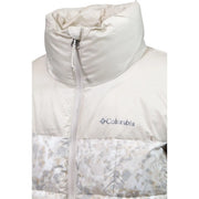 Cremefarbene Polyester-Steppjacke für Damen mit hohem Kragen und grauem Muster Columbia Logo in der Nähe der Brust