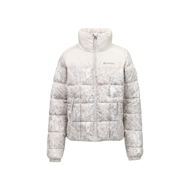 Columbia Beigefarbener Damenblazer aus Polyester mit dezentem grau-weißem Camouflage-Steppmuster und hohem Steppkragen.