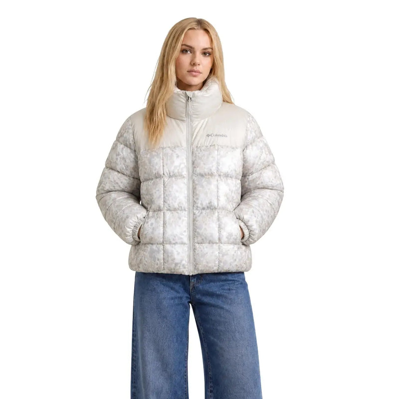 Columbia Beigefarbener Damenblazer aus Polyester mit Reißverschlusstaschen, hellgrauem Steppmuster und weißen Blumenmustern