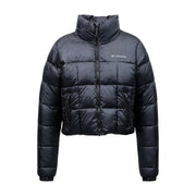 Columbia Schwarze, gesteppte Damen-Pufferjacke aus Polyester mit hohem Kragen, Frontreißverschluss und Logo auf der linken Brust.