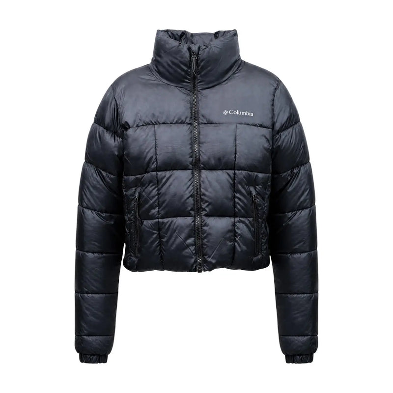 Columbia Schwarze, gesteppte Damen-Pufferjacke aus Polyester mit hohem Kragen, Frontreißverschluss und Logo auf der linken Brust.