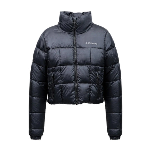 Columbia Schwarze, gesteppte Damen-Pufferjacke aus Polyester mit hohem Kragen, Frontreißverschluss und Logo auf der linken Brust.