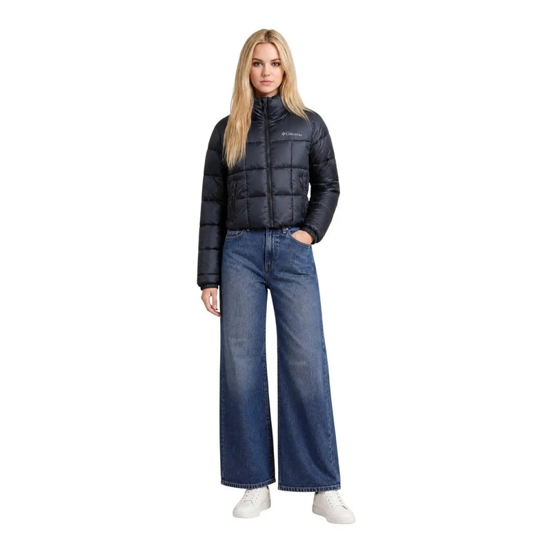Schwarz gesteppt Columbia Kurze Damen-Steppjacke aus Polyester mit hohem Kragen und Reißverschluss vorne