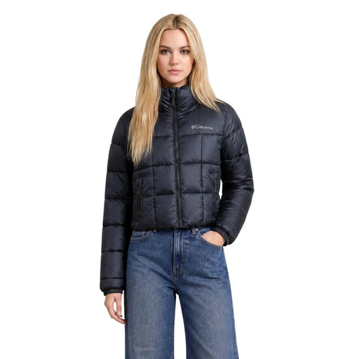 Columbia Schwarze, gesteppte Damen-Polyester-Pufferjacke mit hohem Kragen und Frontreißverschluss im kurzen Schnitt
