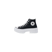 Converse Schwarze Chuck Taylor Damen-Sneaker aus Stoff mit weißen Schnürsenkeln, dicker weißer Plateausohle und dem ikonischen runden Logo