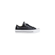 Converse Schwarze Damen-Plateau-Sneaker aus Leder mit schwarzem Leder-Obermaterial und weißer Gummisohle und Zehenkappe