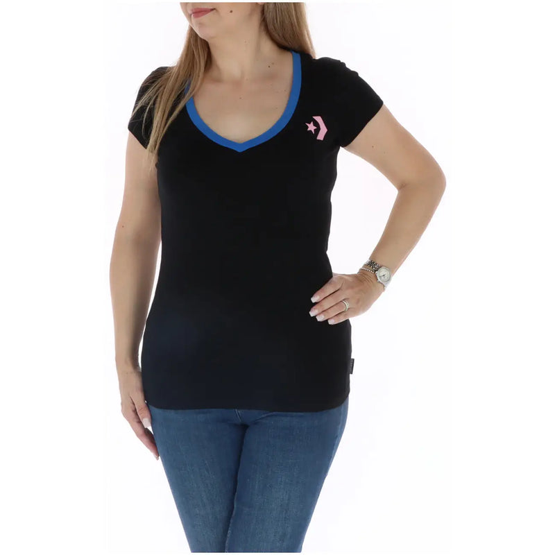 Converse Schwarzes Damen-Baumwoll-T-Shirt mit V-Ausschnitt, blauem Saum und pinkfarbenem Sternenlogo, kurze Ärmel, Freizeitkleidung