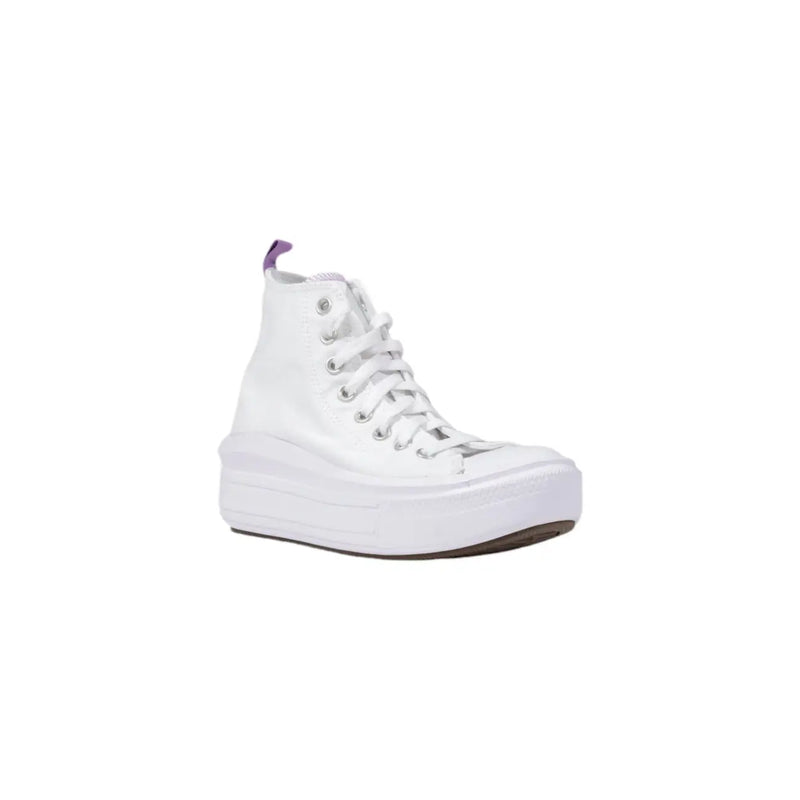 Converse weiße Damen-Plateau-Sneaker aus Stoff, die die Rückseite zeigen, mit weißem Absatztop Design und dezente violette Zuglasche