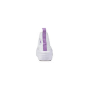 Rückansicht von Weiß converse Damen-Plateau-Sneaker aus Stoff mit lila Stofflasche und Sternenlogo an der Ferse