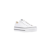 Weiß converse Damen-Plateau-Sneaker aus Leder mit schwarzen Ziernähten und klassischem Canvas-Obermaterial, Vorderansicht