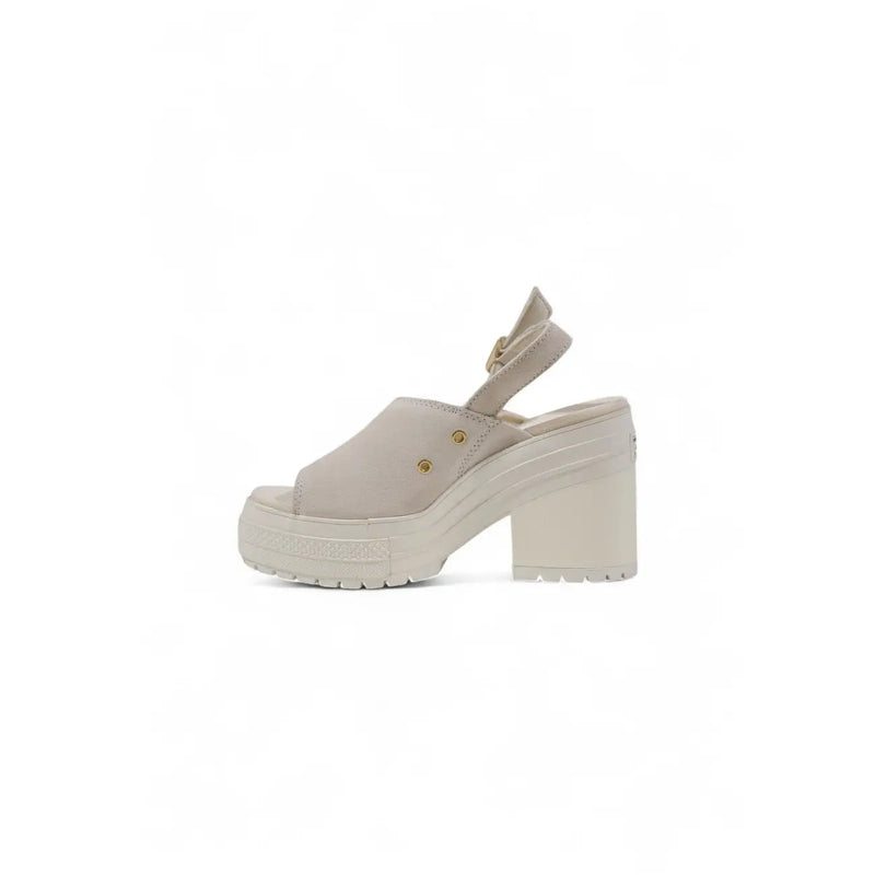 Beige Wildleder-Plateausandalen mit klobigem Absatz und goldfarbenen Beschlägen von Converse Chuck 70 Damen-Ledersandalen