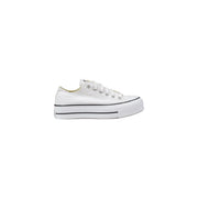 Converse Weiße Damen-Plateau-Sneaker aus Canvas mit schwarzer Gummisohle und Ziernähten für den Alltag.