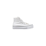 Converse Damen-Sneaker, weiß, Textil, hochtop Plateau-Sneaker mit schwarzem Gummisohlenstreifen und passenden Schnürsenkeln