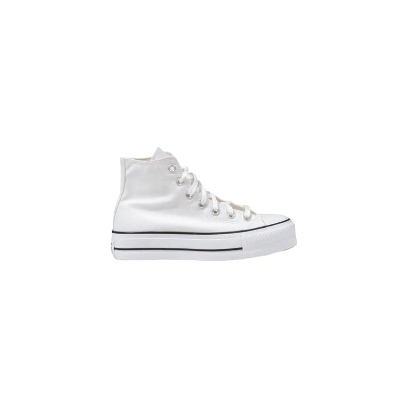 Converse Damen-Sneaker, weiß, Textil, hochtop Plateau-Sneaker mit schwarzem Gummisohlenstreifen und passenden Schnürsenkeln