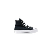Converse Damen-Sneaker, schwarz, Canvas, hochtop mit weißen Schnürsenkeln und dicker weißer Gummisohle für lässige Kleidung