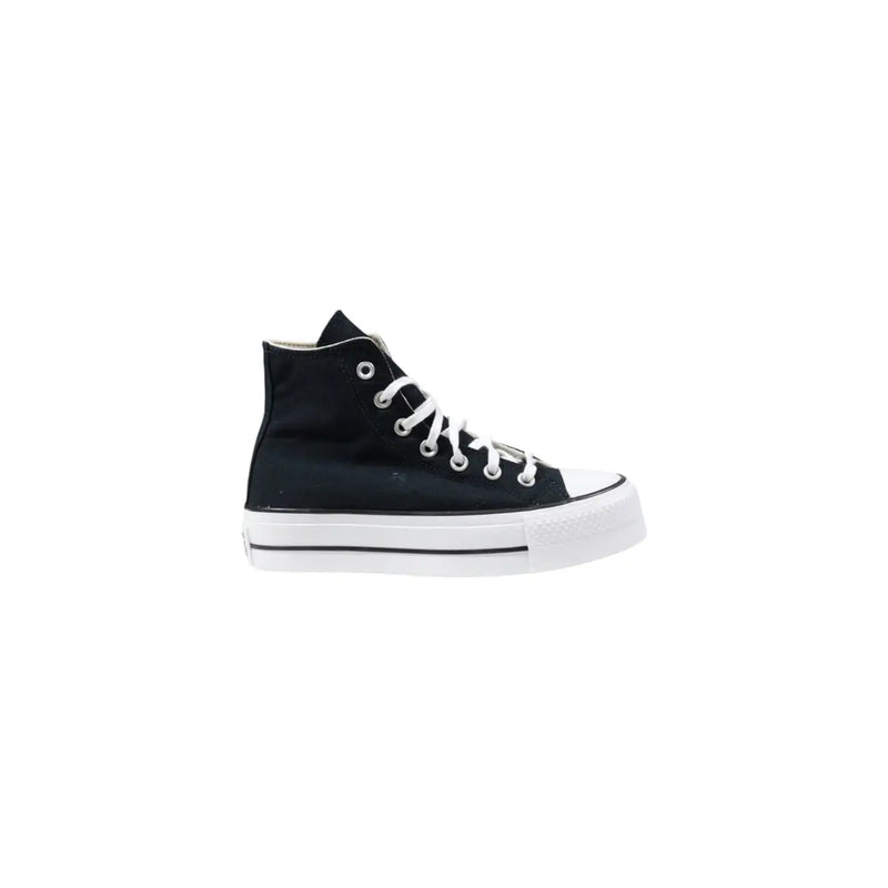 Converse Damen-Sneaker, schwarz, Canvas, hochtop mit weißen Schnürsenkeln und dicker weißer Gummisohle für lässige Kleidung