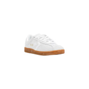 Converse weiße Damen-Sneaker aus Wildleder, niedrigtop mit hellbrauner Gummisohle und goldfarbenen Logo-Details aus Leder