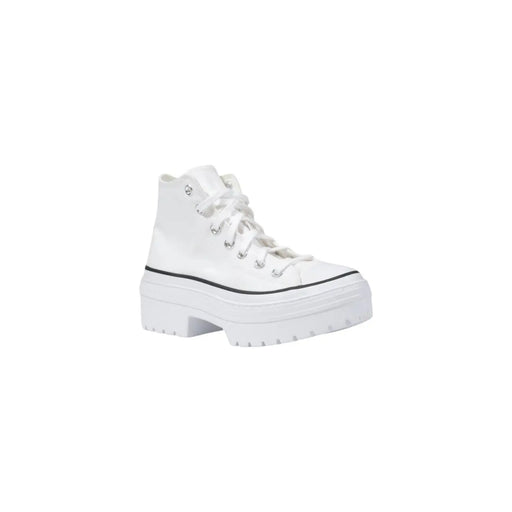 Converse Weiße Chuck Taylor High Heels für Damentop Plateau-Sneaker mit glänzender Oberfläche und schwarzen Ziernähten entlang der Sohle