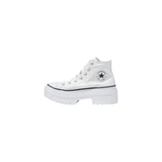 Weißer Stoff converse Frauen Chuck Taylor Hightop Sneaker mit klobiger Plateausohle und schwarzen Ziernähten