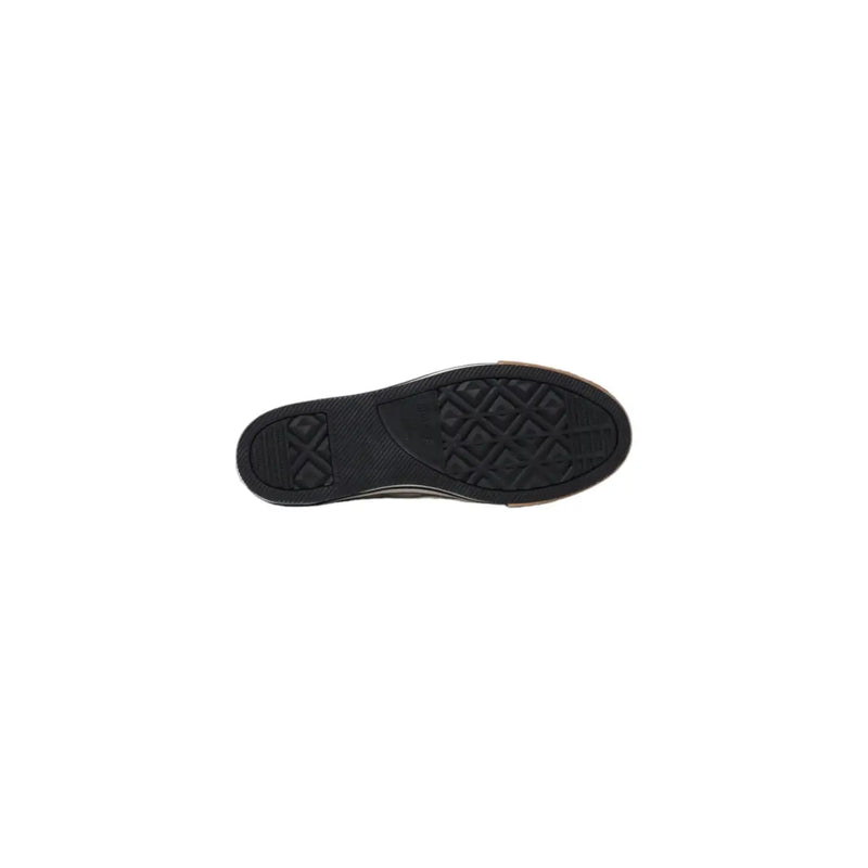 Schwarze Gummisohle mit klassischem Diamantprofil und converse Logo an der Ferse converse Rückseite der weißen Damen-Plateau-Sneaker aus Leder