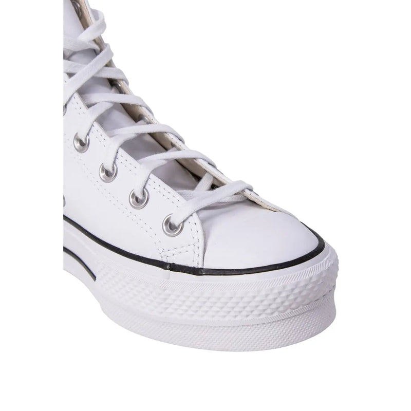 Converse Weiße Damen-Plateau-Sneaker aus Polyurethan mit weißem Leder-Obermaterial, schwarzer Gummisohle und klassischem Branding