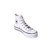 Converse Damen weiße Polyurethan-Plateau-Hightop Sneaker mit weißem Canvas-Obermaterial, schwarzer Gummisohle und Sternlogo