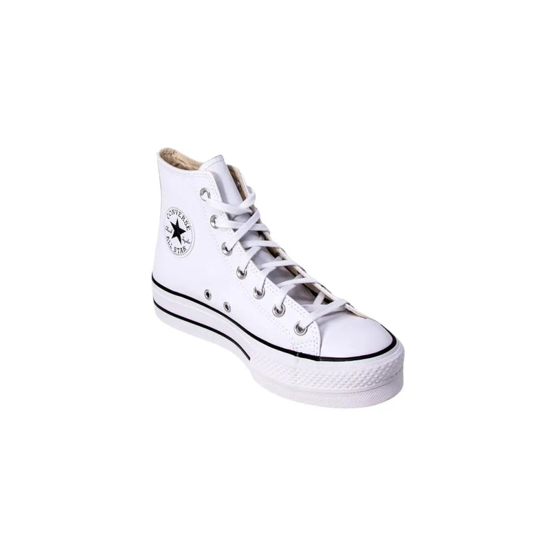 Converse Damen weiße Polyurethan-Plateau-Hightop Sneaker mit weißem Canvas-Obermaterial, schwarzer Gummisohle und Sternlogo