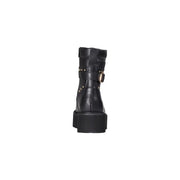 Cult black leather ankle boots with zip and laces featuring a chunky platform sole and gold-tone studded strap