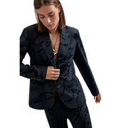 Dunkelblauer Desigual Damenblazer aus Viskosemischung mit dezentem, handgeschriebenem Allover-Print