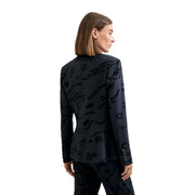 Schwarzer Desigual Damenblazer mit aufwendigen, dunkel gestickten Graffiti-Mustern aus Viskosemischung, elegantes Design mit drei Ärmelknöpfen.