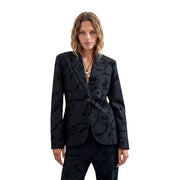 Schwarzer Damenblazer von Desigual mit dezentem, handgeschriebenem Textmuster aus Viskosemischung für elegantes Tragen