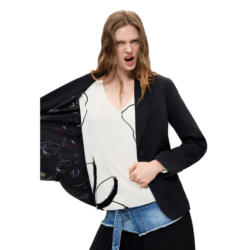 Schwarzer Desigual Damenblazer mit abstrakter Blumen- und Linienstickerei auf der Innenseite, langes Reversfutter aus Viskosemischgewebe