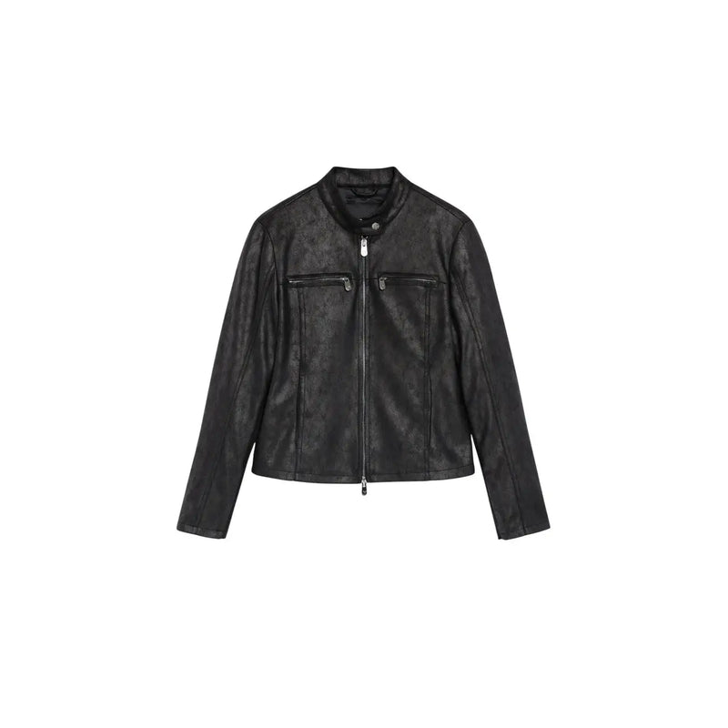 Schwarzer Desigual Damenblazer aus Polyester mit aufgesetzter Reißverschlusstasche und strukturiertem Lederverschluss im Bikerjacken-Stil