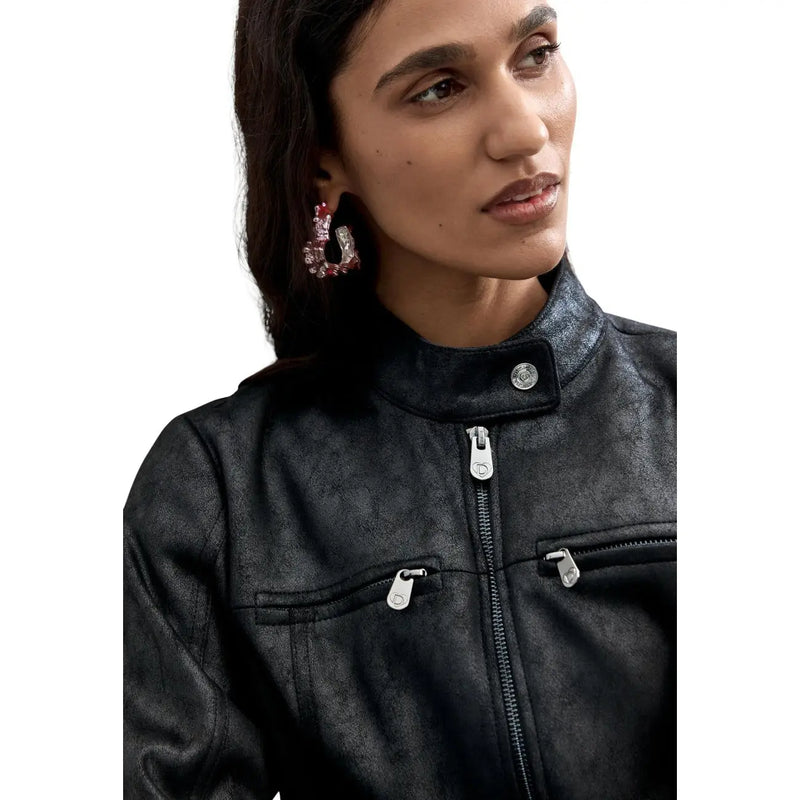 Desigual Damen-Motorradjacke aus schwarzem Kunstleder mit silbernen Reißverschlüssen und geknöpftem Kragen aus Polyestergemisch