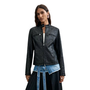 Schwarze, abgenutzte Leder-Motorradjacke mit silbernen Reißverschlüssen und Vordertaschen von Desigual für Damen, Polyesterblazer