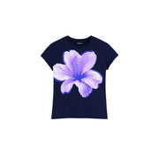 Desigual Damen-T-Shirt aus blauer Baumwolle mit Rundhalsausschnitt, leuchtend lila Hibiskusblütenmotiv und dezenter Schattierung