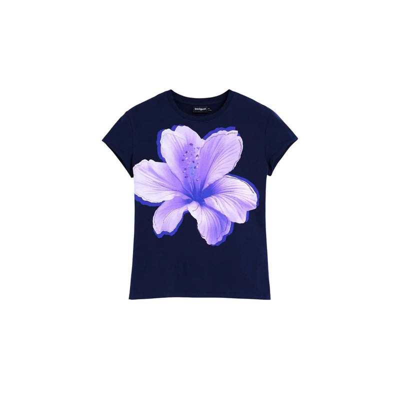 Desigual Damen-T-Shirt aus blauer Baumwolle mit Rundhalsausschnitt, leuchtend lila Hibiskusblütenmotiv und dezenter Schattierung