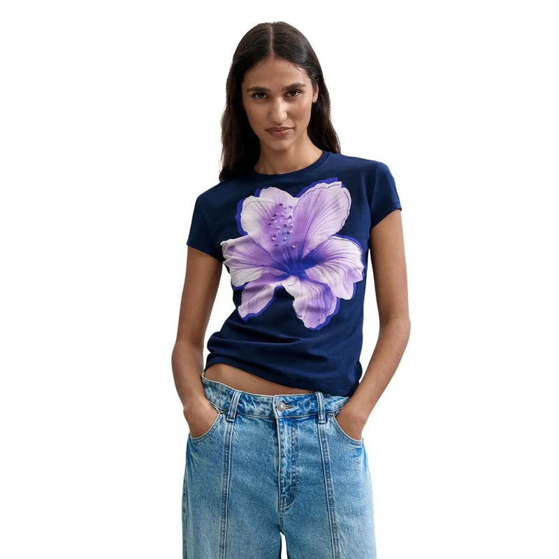 Desigual Damen-T-Shirt aus blauer Baumwolle mit kurzen Ärmeln, Rundhalsausschnitt und leuchtend lila Hibiskusblüten-Print