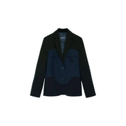 Desigual Damenblazer in Blau aus Viskosemischung mit geometrischem Muster, schwarzem und marineblauem Patchwork-Design, Nadelstreifeneinsatz und Ziernähten.