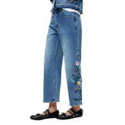 Blaue Baumwolljeans von Desigual mit farbenfroher Blumenstickerei an der Außenseite des Beins für Damen