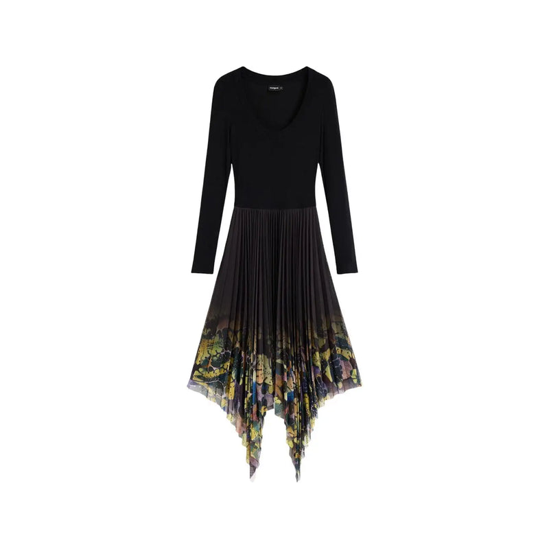 Schwarzes, langärmeliges Damenkleid aus Viskose von Desigual mit einfarbigem Oberteil und plissiertem, asymmetrischem Rock mit Blumenmuster in Erdtönen